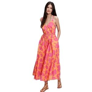 Gap Tie Waist Cami Floral Maxi Dress Orange & Pink SZ M